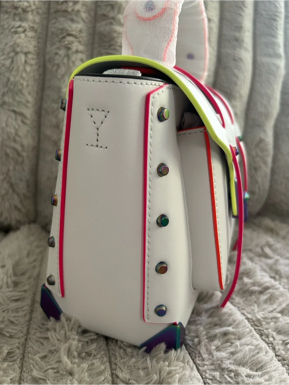 Michael Kors Manhattan Neon Rainbow Leather Satchel Optic White NWT